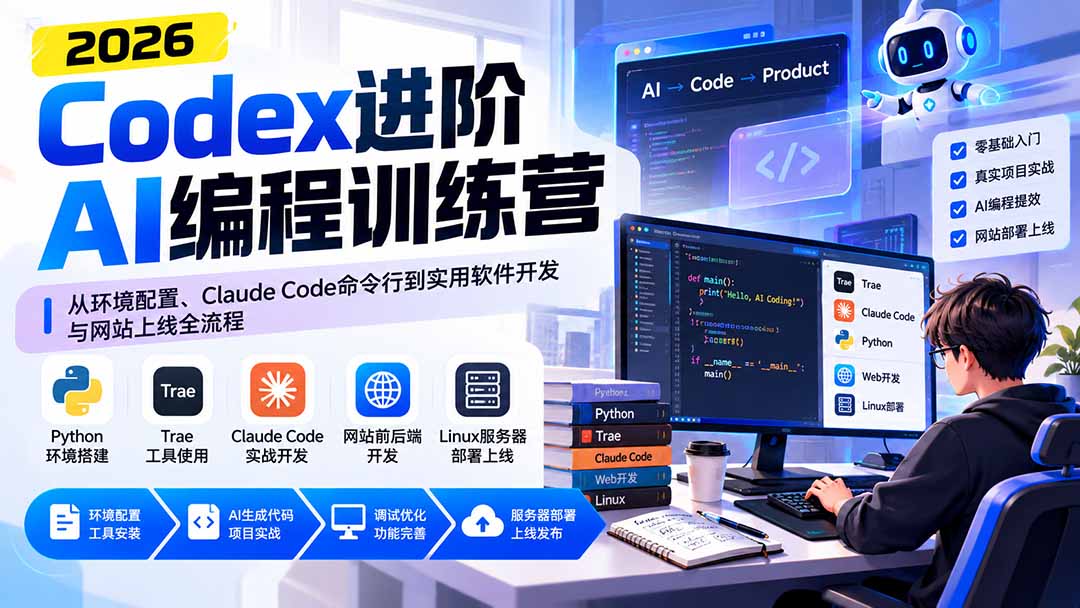 (20855期)Codex进阶AI编程训练营:从环境配置、Claude Code命令行到实用软件开发与网站上线全流程