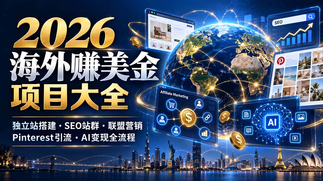 （21200期）2026海外赚美金项目大全：独立站搭建、SEO站群、联盟营销、Pinterest引流与AI变现全流程