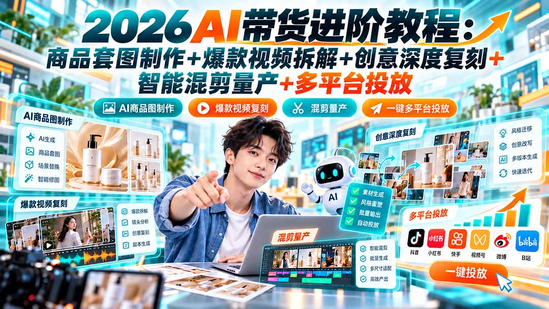 (20857期)2026AI带货进阶教程:商品套图制作+爆款视频拆解+创意深度复刻+智能混剪量产+多平台投放