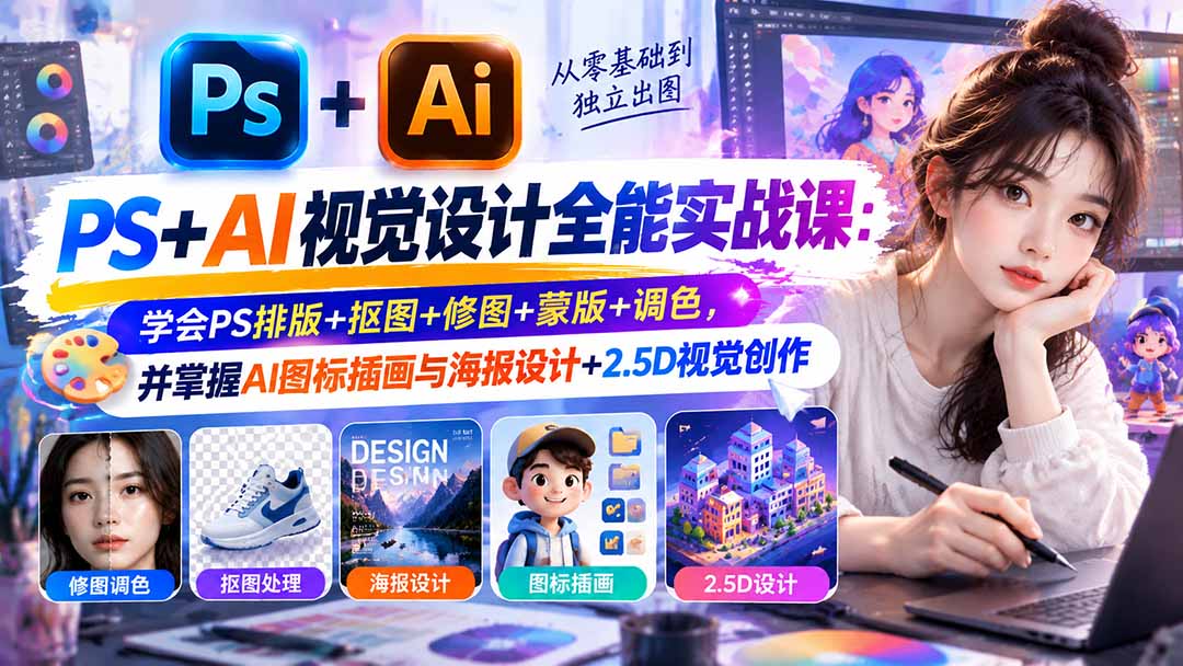 (20749期)【无水印】PS+AI视觉设计全能实战课:学会PS排版+抠图+修图+蒙版+调色,并掌握AI图标插画与海报设计+2.5D视觉创作