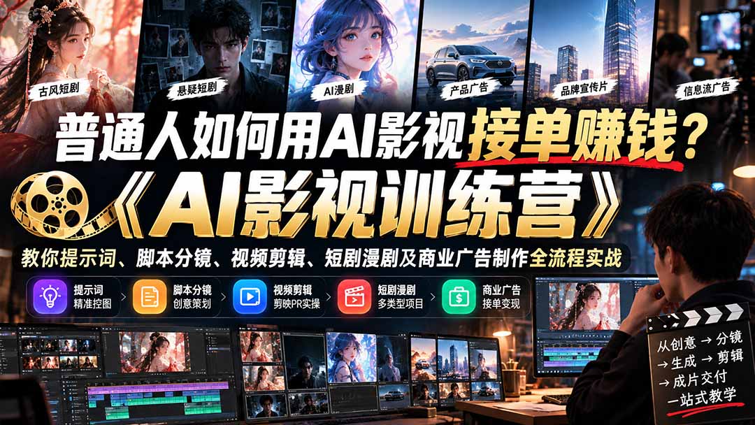 (21230期)普通人如何用AI影视接单赚钱?《AI影视训练营》教你提示词、脚本分镜、视频剪辑、短剧漫剧及商业广告制作全流程实战