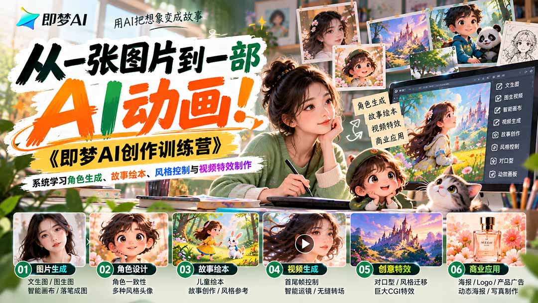 (21160期)【无水印】从一张图片到一部AI动画!《即梦AI创作训练营》系统学习角色生成、故事绘本、风格控制与视频特效制作