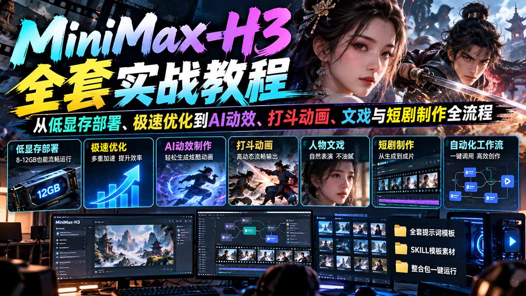 (21161期)MiniMax-H3全套实战教程:从低显存部署、极速优化到AI动效、打斗动画、文戏与短剧制作全流程