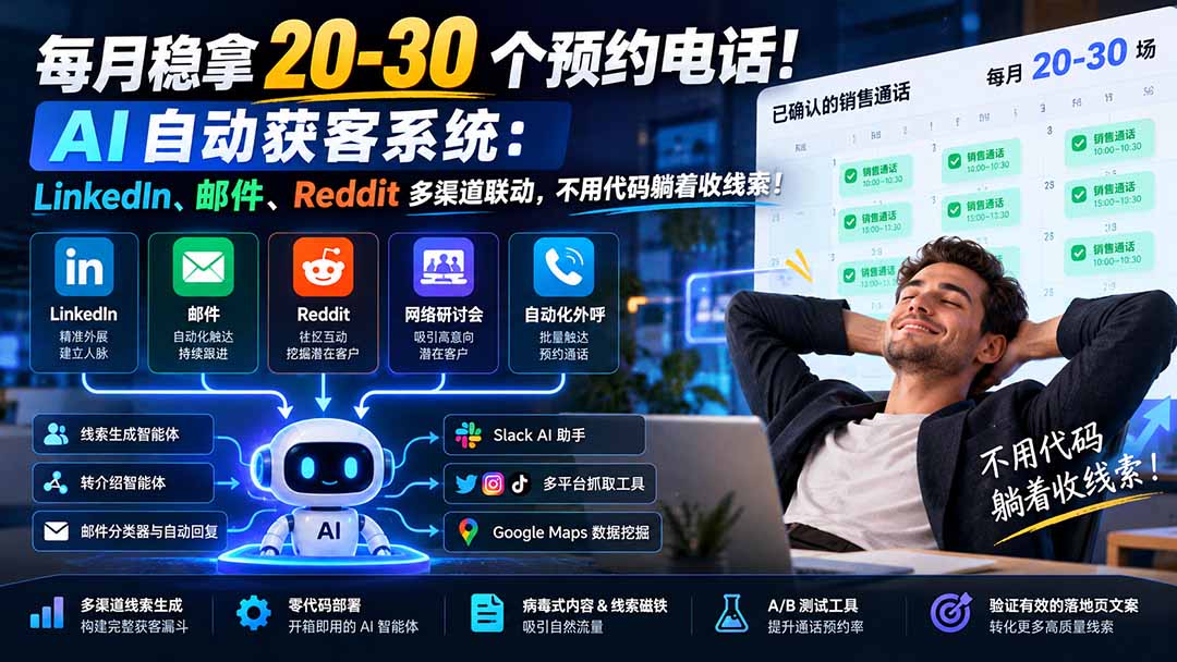 （21164期）每月稳拿 20-30 个预约电话！AI 自动获客系统：LinkedIn、邮件、Reddit 多渠道联动，不用代码躺着收线索！