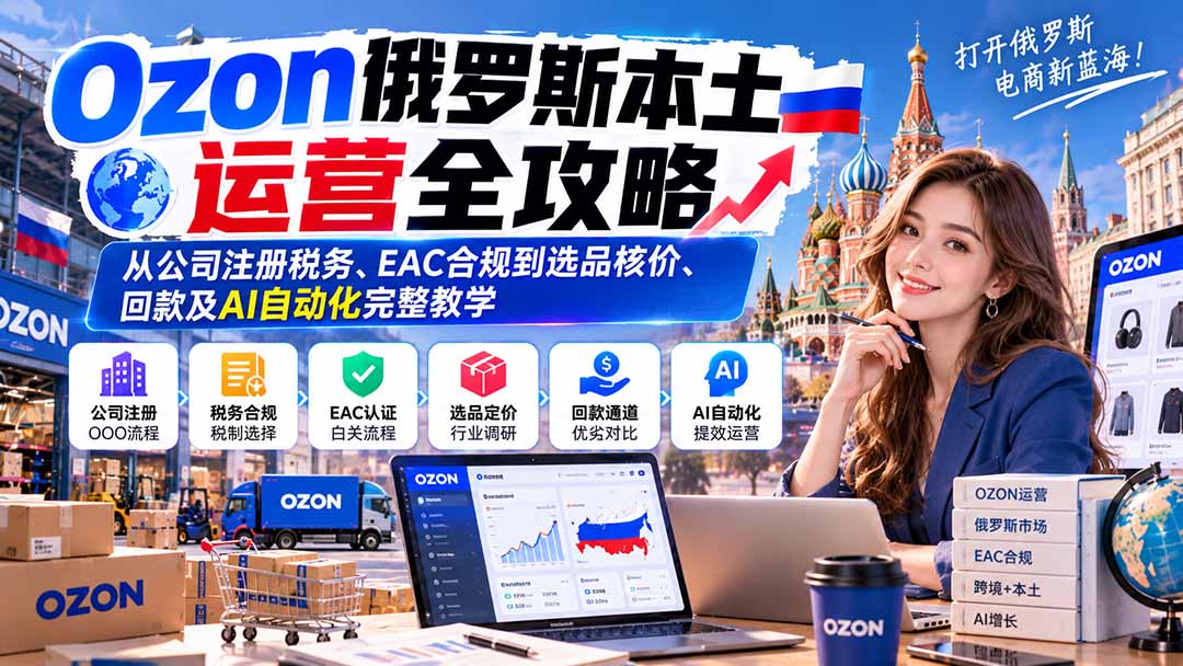 (20851期)Ozon俄罗斯本土运营全攻略:从公司注册税务、EAC合规到选品核价、回款及AI自动化完整教学