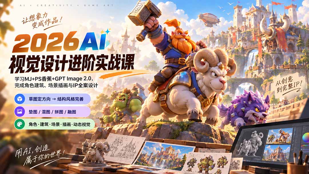 (20852期)2026AI视觉设计进阶实战课-更新1007:学习MJ+PS香蕉+GPT Image 2.0,完成角色建筑、场景插画与IP全案设计