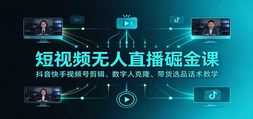 短视频无人直播掘金课:抖音快手视频号剪辑、数字人克隆、带货选品话术教学