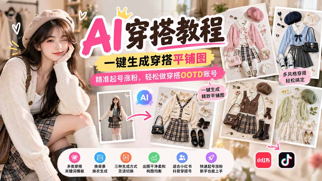 (21134期)【无水印】AI穿搭教程|一键生成穿搭平铺图,精准起号涨粉,轻松做穿搭OOTD账号