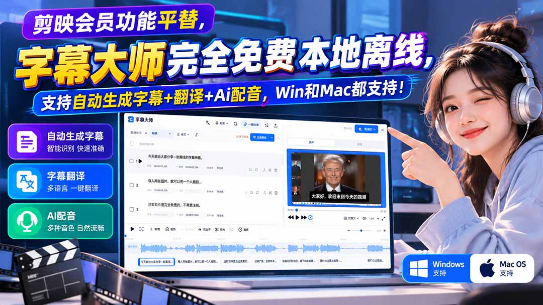 (20902期)剪映会员功能平替,字幕大师完全免费本地离线,支持自动生成字幕+翻译+Ai配音,Win和Mac都支持!