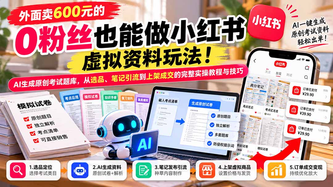 (21181期)外面卖600元的 零粉丝也能做小红书虚拟资料玩法!AI生成原创考试题库,从选品、笔记引流到上架成交的完整实操教程