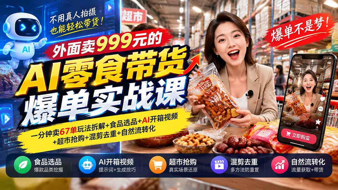 （20994期）外面卖999元的AI零食带货爆单实战课｜一分钟卖67单玩法拆解+食品选品+AI开箱视频+超市抢购+混剪去重+自然流转化