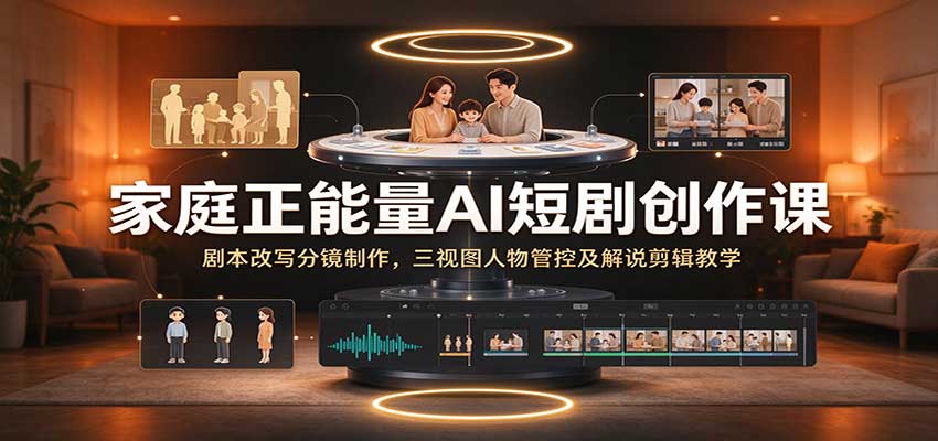 家庭正能量AI短剧创作课:剧本改写分镜制作,三视图人物管控及解说剪辑教学