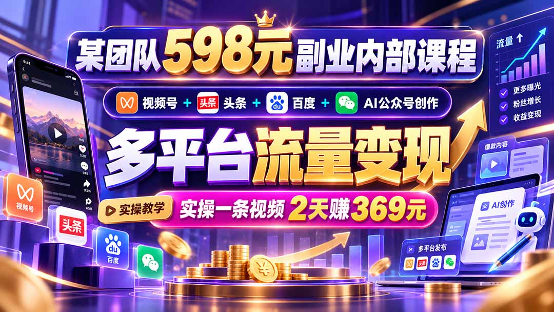 （21238期）某团队598元副业内部课程：视频号+头条+百度+AI公众号创作、多平台流量变现，实操一条视频2天赚369元