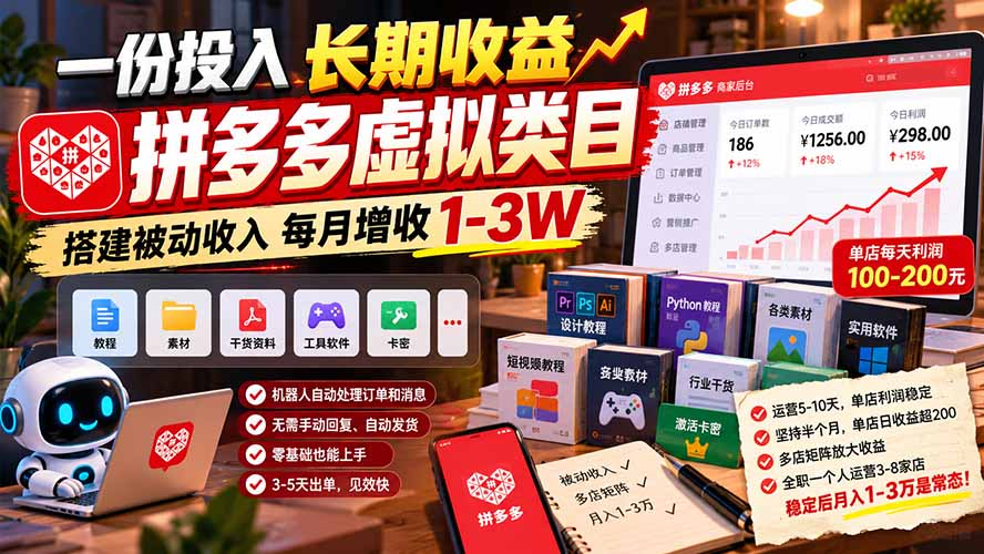 (21166期)一份投入长期收益,拼多多虚拟类目,搭建被动收入每月增收 1-3W