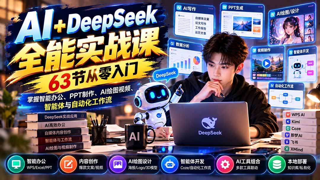 (21141期)AI+DeepSeek全能实战课:63节从零入门,掌握智能办公、PPT制作、AI绘图视频、智能体与自动化工作流