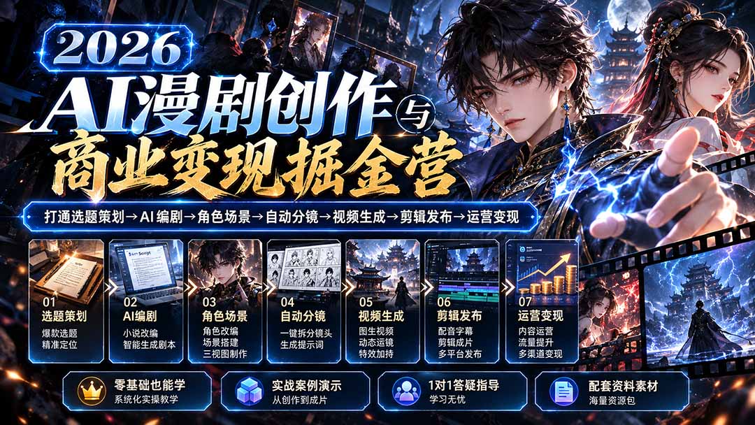 (20906期)【无水印】2026AI漫剧创作与商业变现掘金营:打通选题→AI编剧→角色场景→自动分镜→视频生成→剪辑发布→运营变现