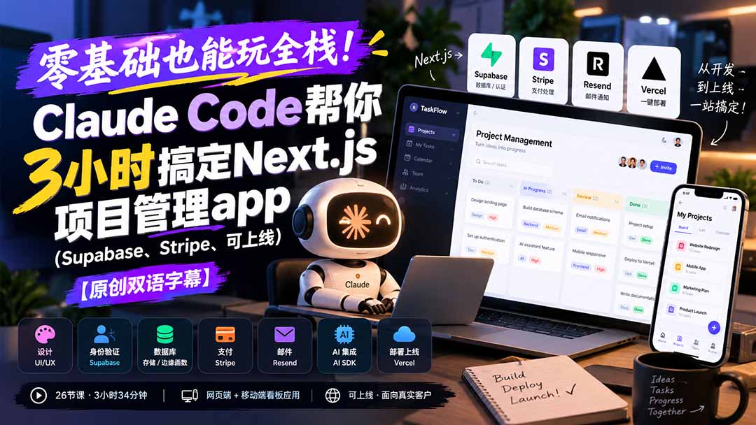 （20907期）零基础也能玩全栈！Claude Code帮你3小时搞定Next.js项目管理app（Supabase、Stripe、可上线）【原创双语字幕】