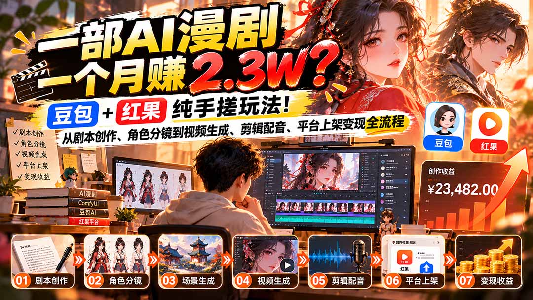 (21089期)一部AI漫剧一个月赚2.3W?豆包+红果纯手搓玩法!从剧本创作、角色分镜到视频生成、剪辑配音、平台上架变现全流程