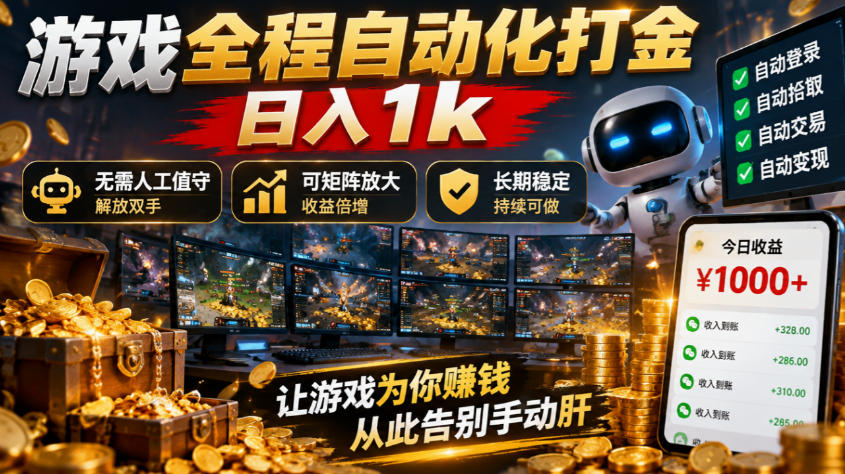 （21119期）游戏全程自动化打金，日入1k，无需人工值守，解放双手，可矩阵放大，长期稳定！