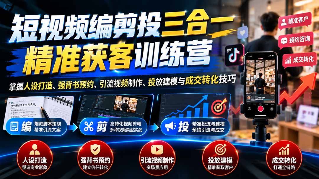 (20910期)短视频编剪投三合一精准获客训练营:掌握人设打造、强背书预约、引流视频制作、投放建模与成交转化技巧