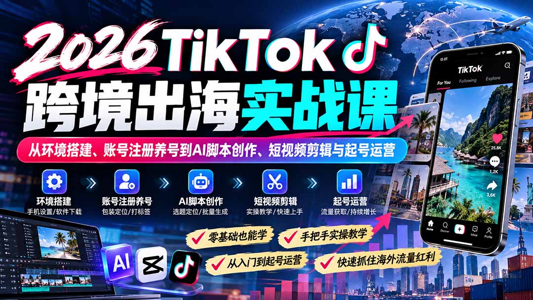 （21170期）2026TikTok跨境出海实战课：从环境搭建、账号注册养号到AI脚本创作、短视频剪辑与起号运营