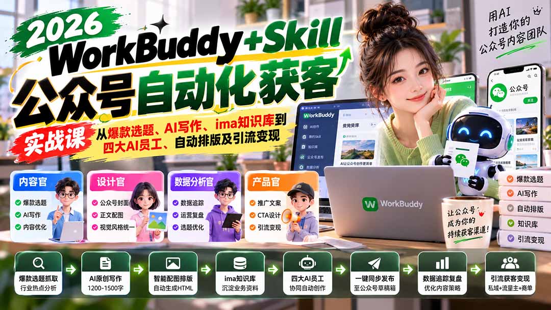 (21023期)WorkBuddy + Skill公众号自动化获客实战课:从爆款选题、AI写作、ima知识库到四大AI员工、自动排版及引流变现