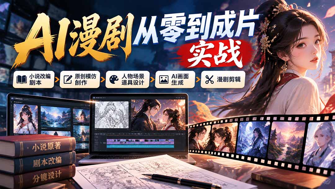 (21069期)AI漫剧从零到成片实战:小说改编剧本、原创模仿创作、人物场景道具设计、AI画面生成与漫剧剪辑