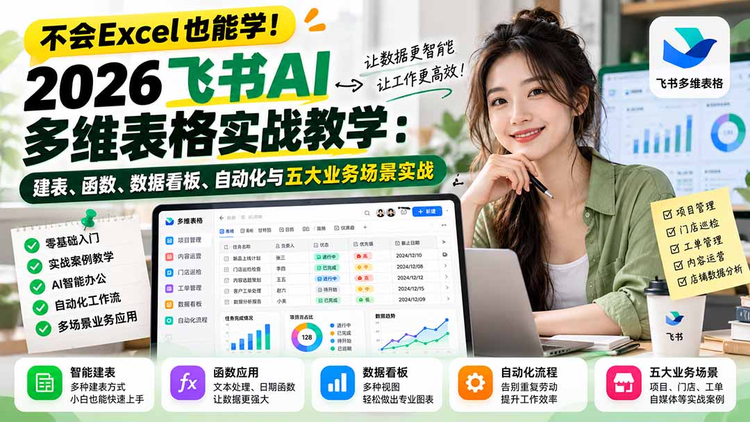 (21153期)不会Excel也能学!2026飞书AI多维表格实战教学:建表、函数、数据看板、自动化与五大业务场景实战