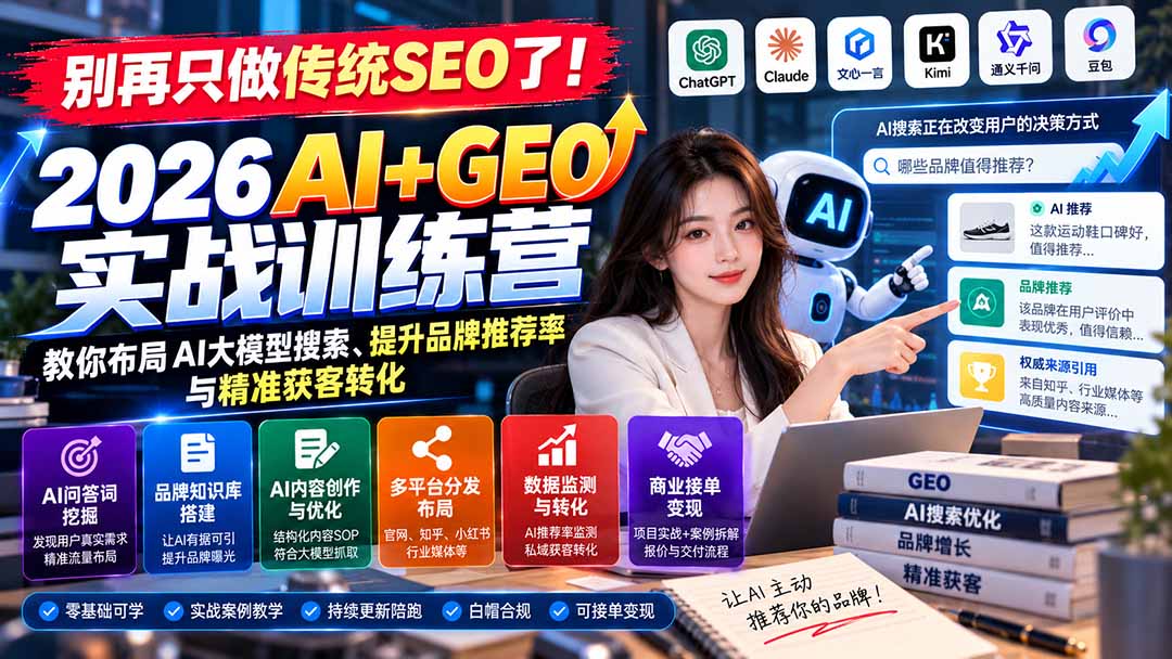 (21191期)别再只做传统SEO了!《2026AI+GEO实战训练营》教你布局AI大模型搜索、提升品牌推荐率与精准获客转化
