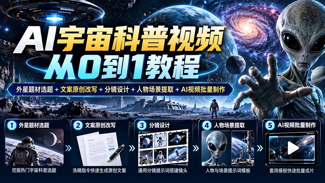 （20774期）AI宇宙科普视频从0到1教程｜外星题材选题+文案原创改写+分镜设计+人物场景提取+AI视频批量制作