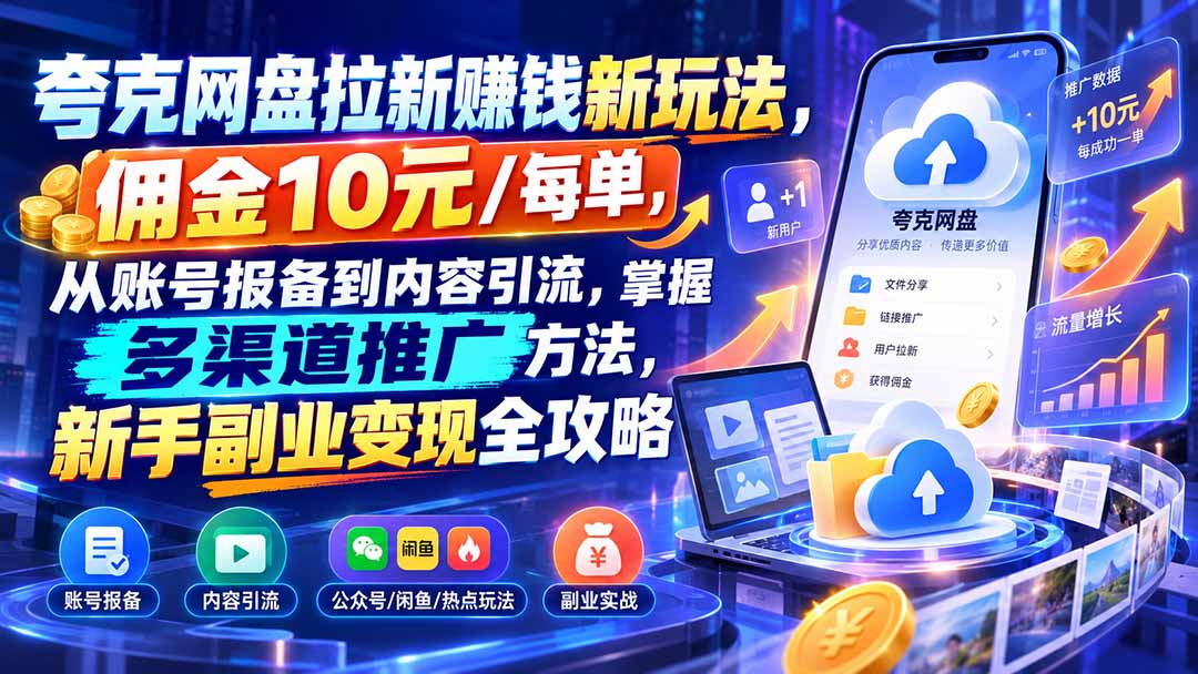 （21108期）夸克网盘拉新赚钱新玩法，佣金10元/每单，从账号报备到内容引流，掌握多渠道推广方法，新手副业变现全攻略