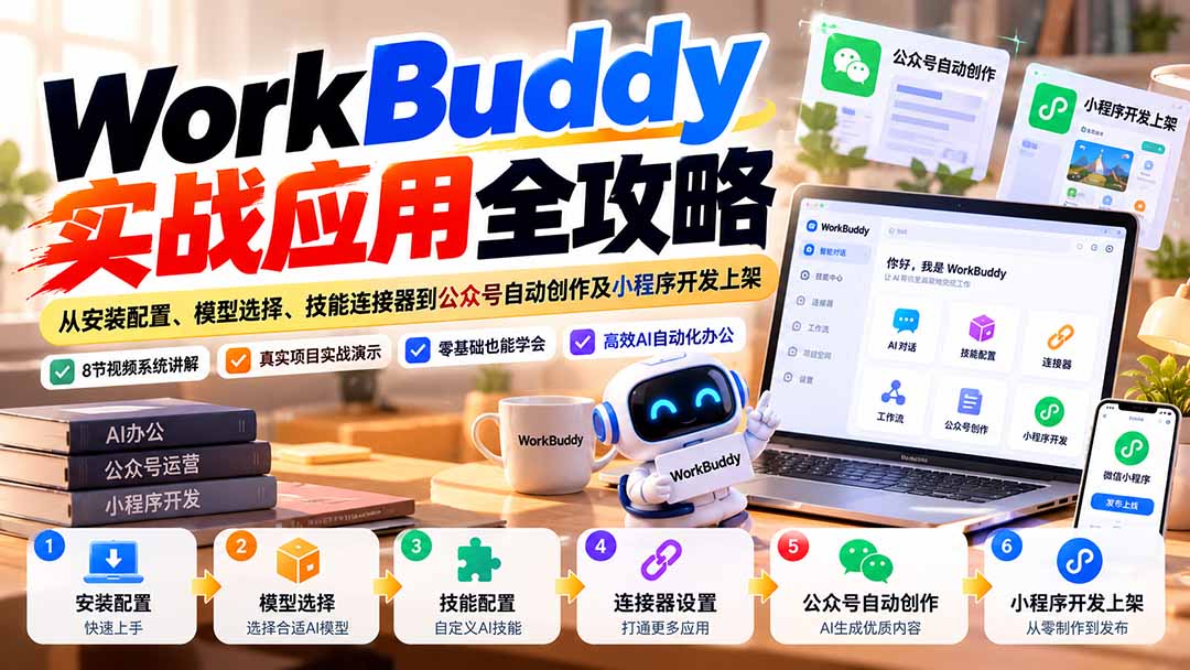 （21093期）WorkBuddy 实战应用全攻略：从安装配置、模型选择、技能连接器到公众号自动创作及小程序开发上架