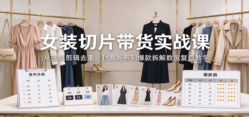 女装切片带货实战课：从选品剪辑去重，封面发布到爆款拆解数据复盘教学