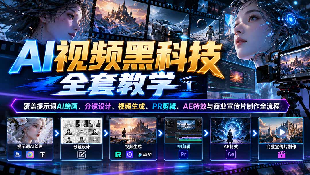 (21095期)AI视频黑科技全套教学:覆盖提示词AI绘画、分镜设计、视频生成、PR剪辑、AE特效与商业宣传片制作全流程